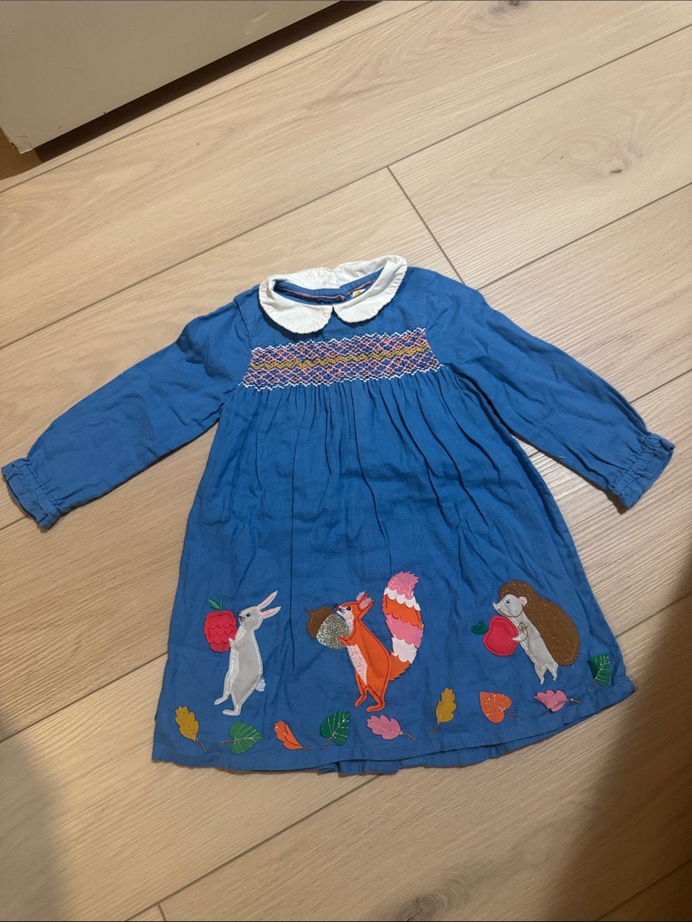 Mini Boden Blue Long-Sleeve Dress with Woodland Appliqués and White Collar